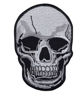 4'' Human Skull, Halloween, Gothic, Gray/Black Iron on Patch