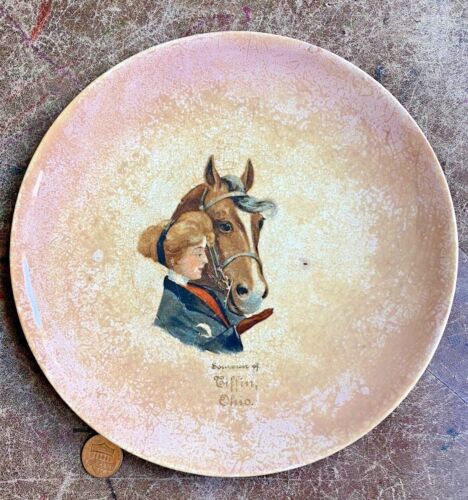 Antique Souvenir Tiffin Ohio Souvenir Plate Trenle China Virginia Lady & Horse