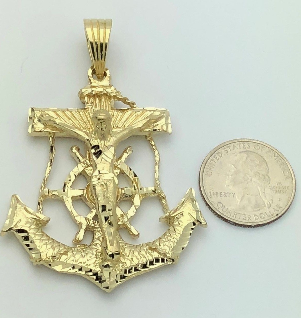 14k Yellow Gold Solid Big Anchor Mariner Cross Jesus Crucifix Pendant 2
