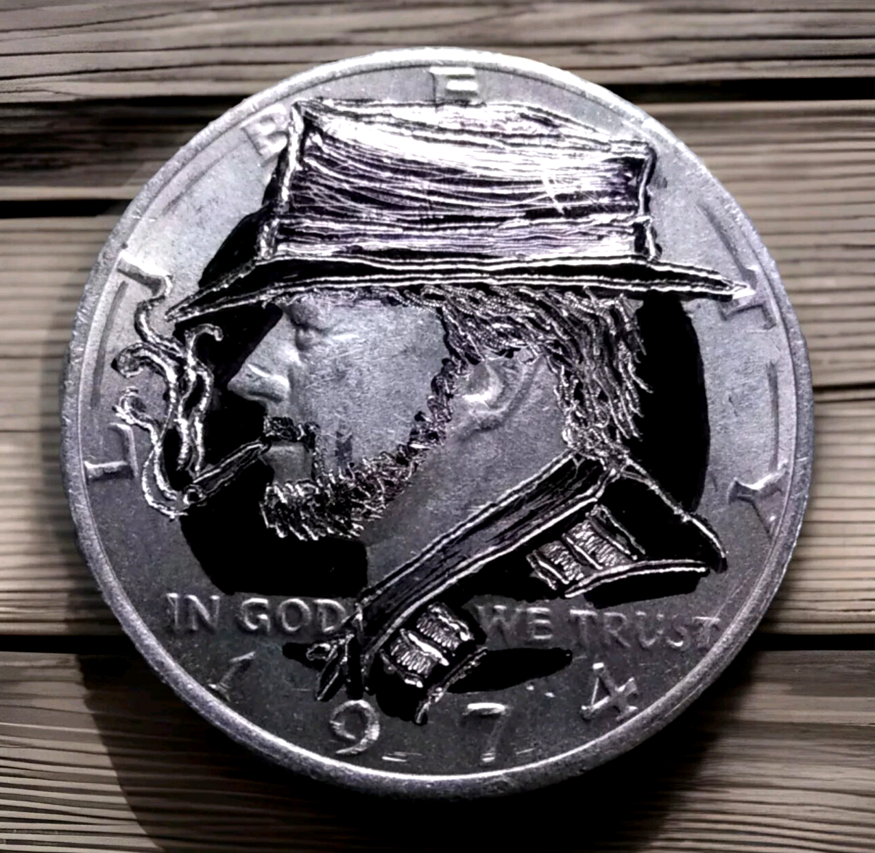 Hobo Nickel hand carved original by J&M Tarantula Kennedy as