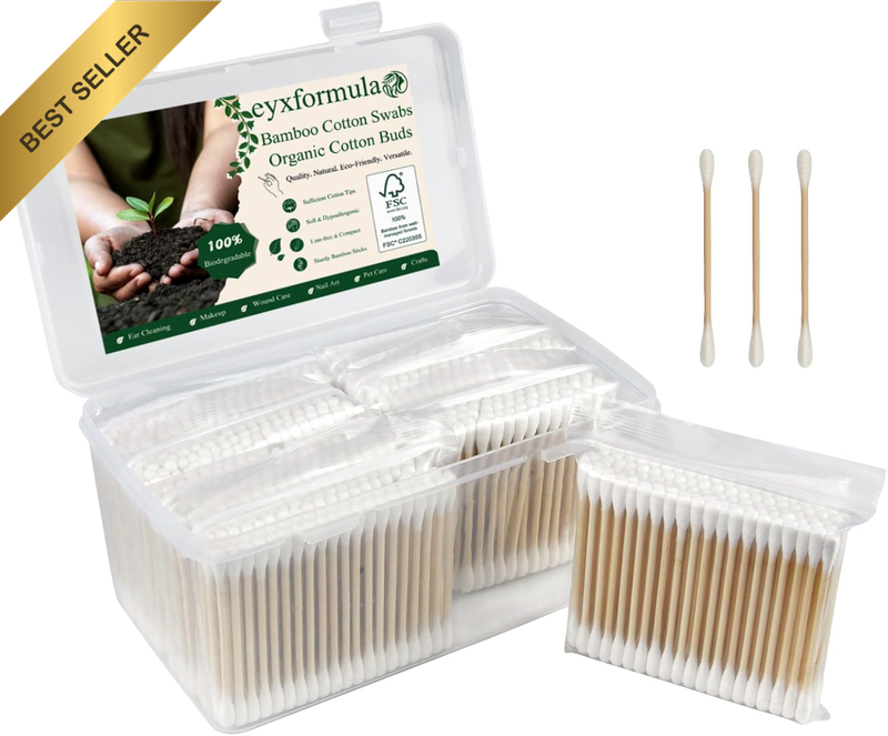 Bamboo Cotton Swabs - Natural Organic Cotton Swabs with Wooden Sticks - Double T