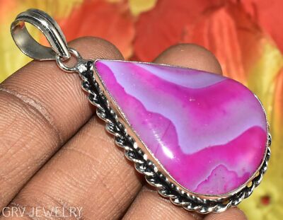 Pink Lace Onyx Gemstone Ethnic Pendant 925 Sterling Silver Plated