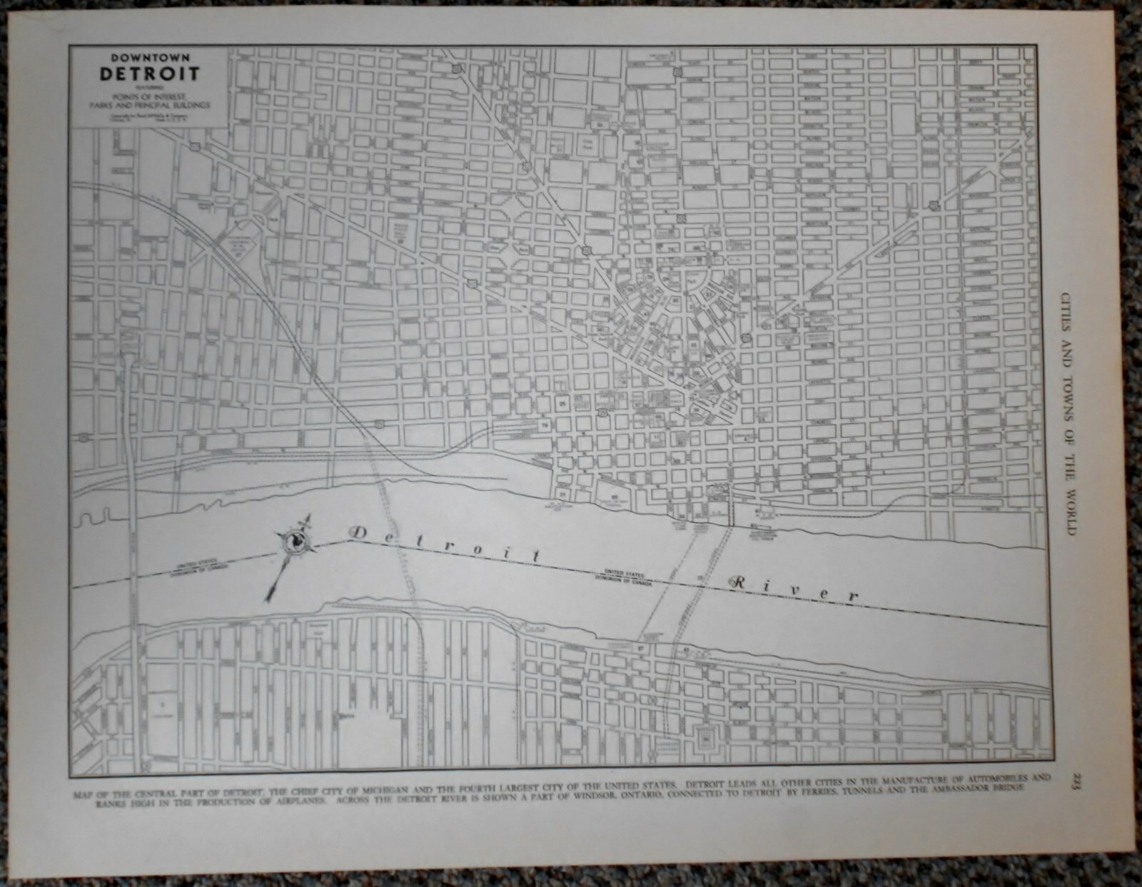 Vintage 1939 World War WWII Atlas City Map Detroit, Michigan MI /Windsor Ontario