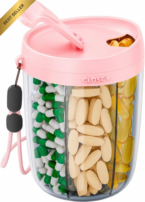 Large Pill Organizer Bottle with 6 Compartments, Travel Vitamin & Supplement Con