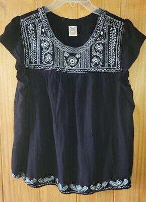 Faded Glory Black Boho Blouse Women Size L/XL Embroidered Pesant Top 