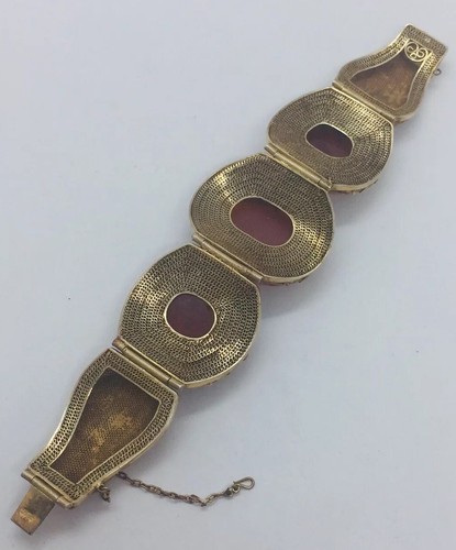 Chinese Antique Sterling Silver Gold Vermeil Filigree Carnelian Buddha Bracelet