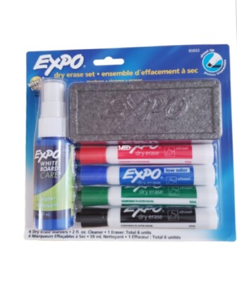 Expo Low Odor Ink Dry Erase Chisel Tip Markers Starter Set , Eraser And Cleaner 