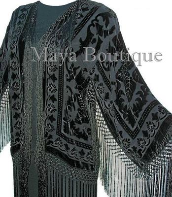 Pre-owned Maya Matazaro Flapper Fringe Jacket Kimono Black Rayon Blend Burnout Velvet Short Maya Jacket