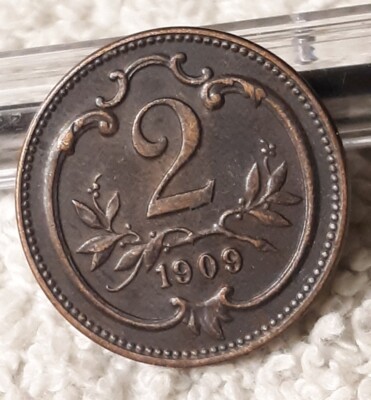1909 Austrian 2 Heller Coin ,KM2801 ~ Austria WW1 Heavily Circulated Bronze Coin