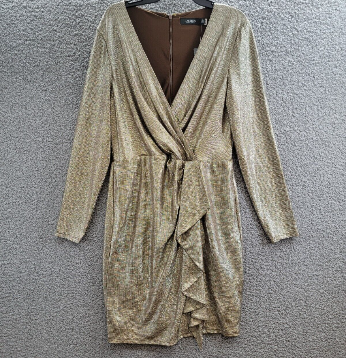 Lauren Ralph Lauren Metallic Ruffled Cocktail Dress Women's 16 Brown/Gold L/S - Picture 2 of 17