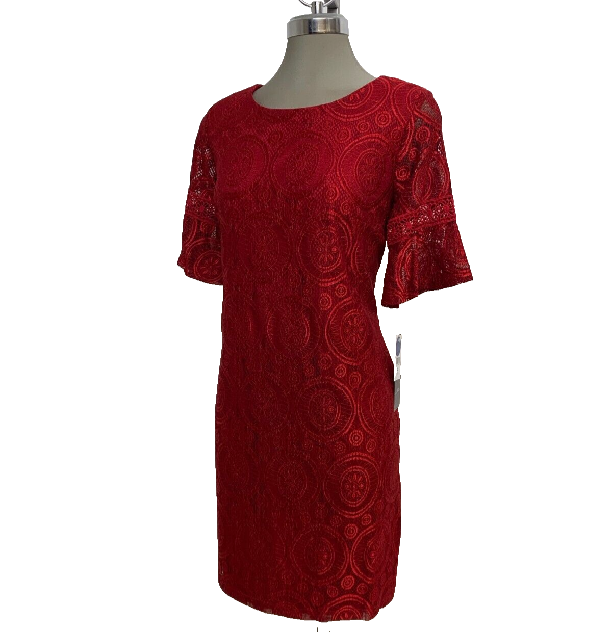 Brand New Elegant Dark RED Lace Bell Shorts Sleeves Shift Dress size 6