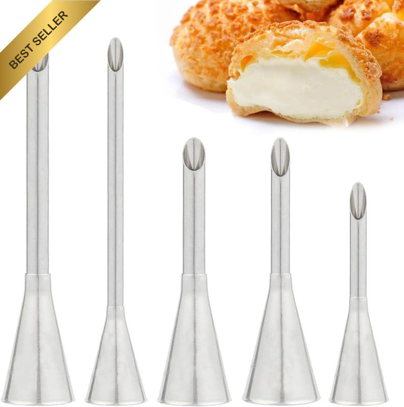5 Pcs Cream Puff Piping Nozzle Tips Set, Stainless Steel Long Icing Piping Nozzl