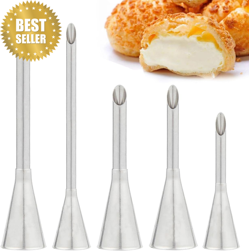 5 Pcs/Set Cream Puff Icing Piping Nozzle Tips,  Stainless Steel Long Puff Nozzle