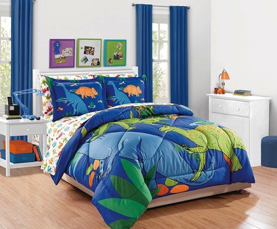 Linen Plus Queen Size 7pc Comforter Set For Kids Dinosaur White