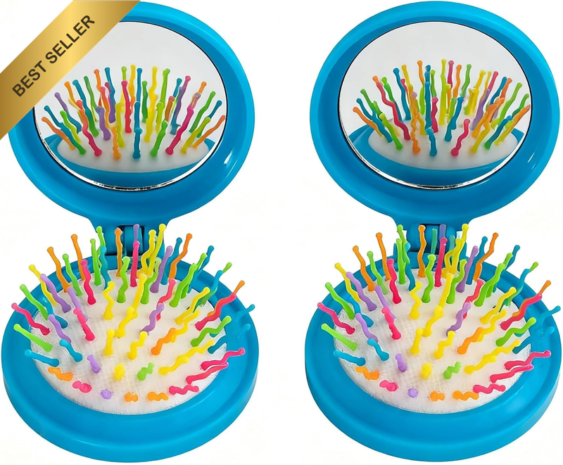 2 Piece Travel Hair Brush, Folding round Travel Comb, Mini Pocket Mirror Hair Co