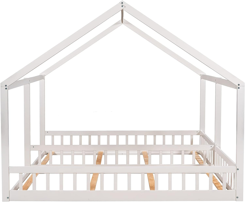Two Twin Montessori Platform Bed Frame Wood House Floor Day Bed for 2 Kids,Boys,