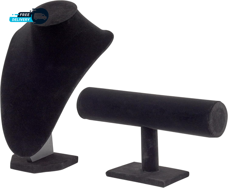 Necklace Display Stand   Bust Set   2 Piece  Black Velvet   Modern Freestanding