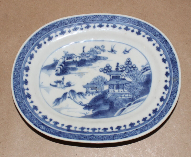 Antique Chinese Qing Nanking Blue and White Oval Saucer Underplate 6-5/16" long