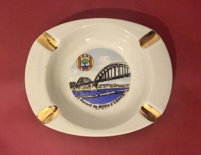 Vintage Mora d Ebre Catalonia Spain Ashtray Porcelain Gold Colored Trim Souvenir