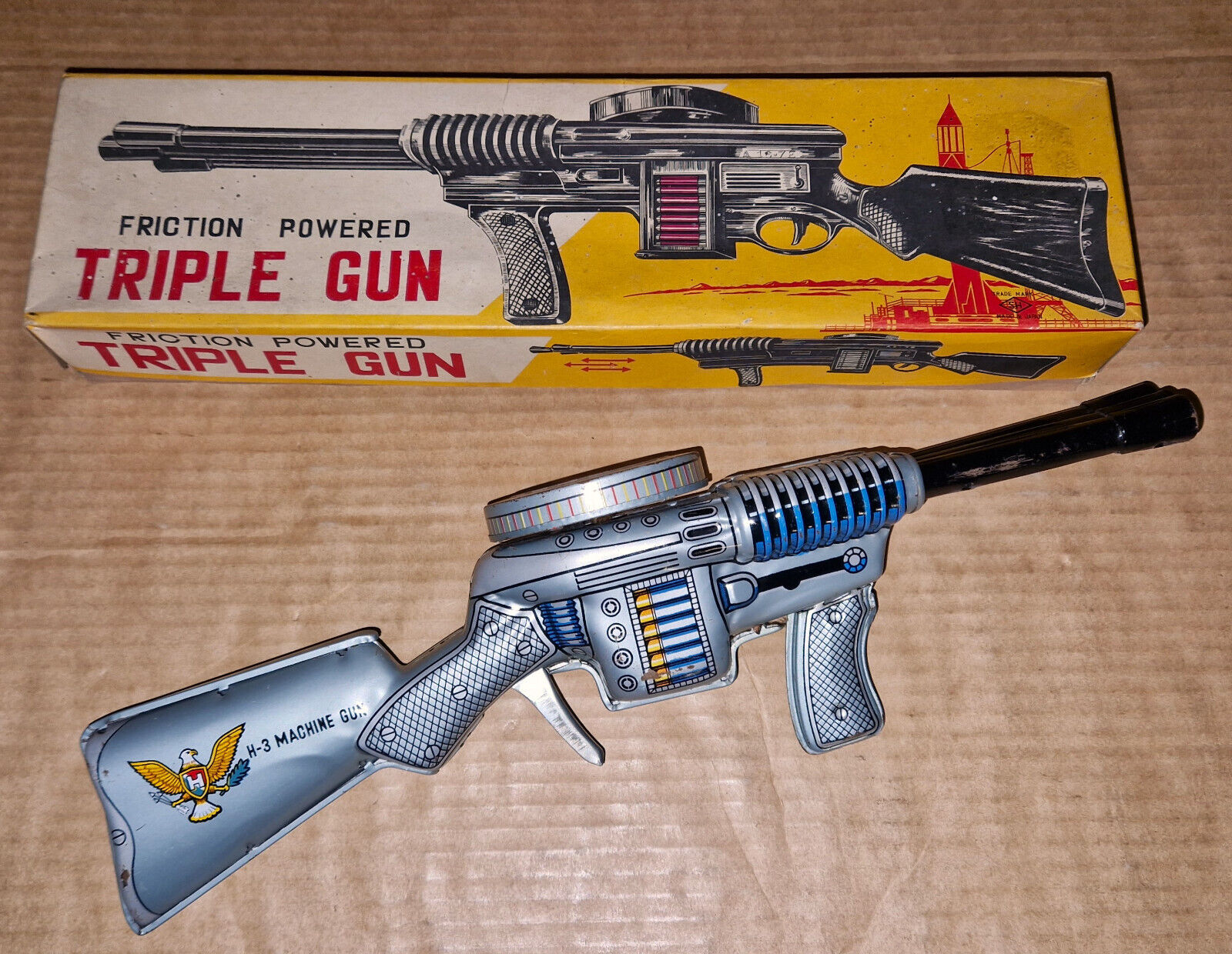 1960's Horikawa Japan Triple Machine Gun Tin Litho Friction 1960's Horikawa Japan Triple Machine Gun Tin Litho Friction