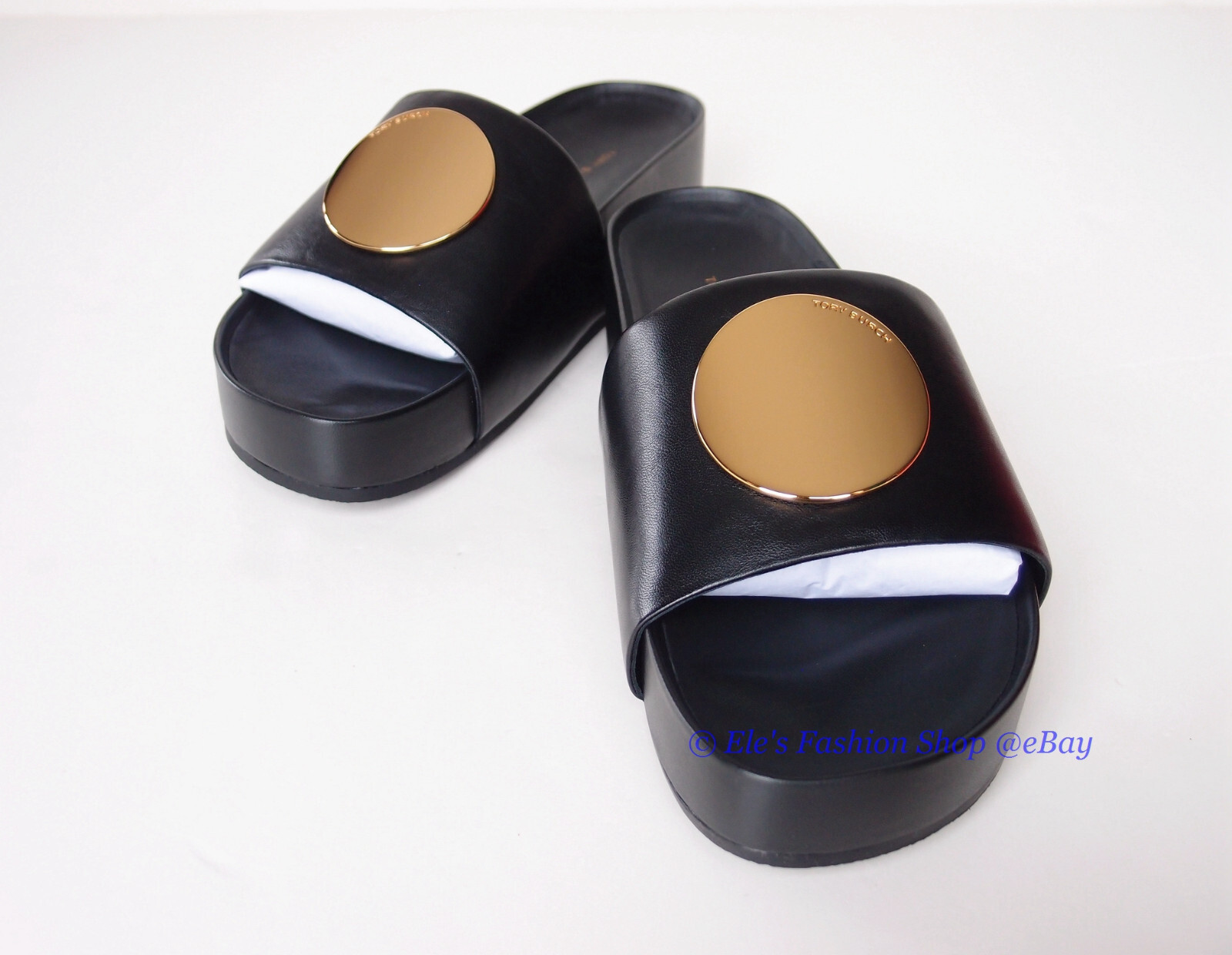 Pre-owned Tory Burch Patos Disk Leather Slides Black Us 8.5 Authentic