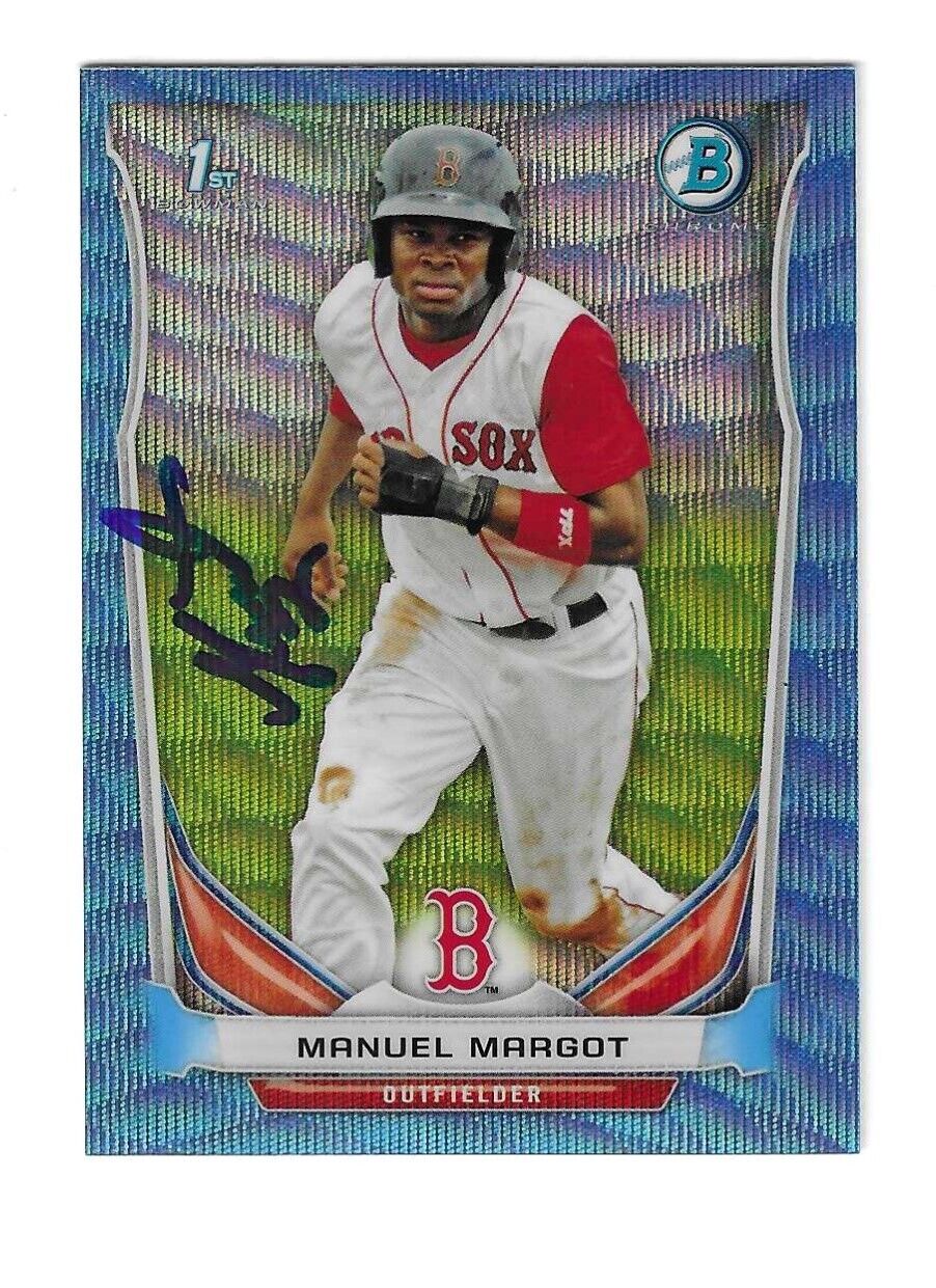 Manuel Margot 2014 Bowman Chrome Blue Wave Refractor Rookie Card # BCP90 Signed. rookie card picture