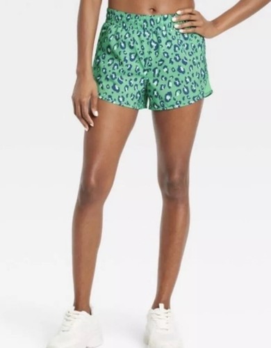 All in Motion Mid-Rise Run Shorts Green Leopard Zip Pocket