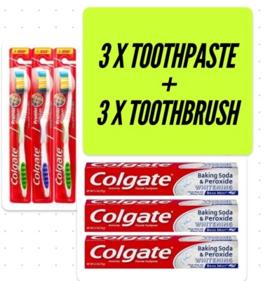 COLGATE TOOTHBRUSH PREMIER CLEAN X3 + COLGATE TOOTHPASTE W/BAKING SODA X3 NIB