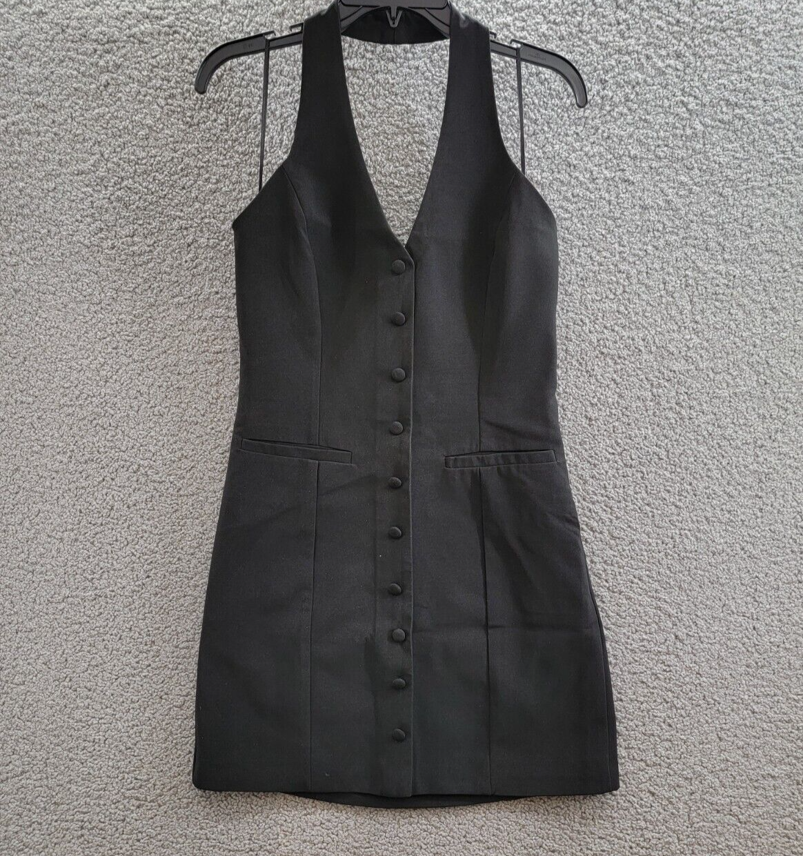 AQUA Halter Mini Dress Women's S Black Welt Pockets Faux Button Front Side Zip - Picture 2 of 15