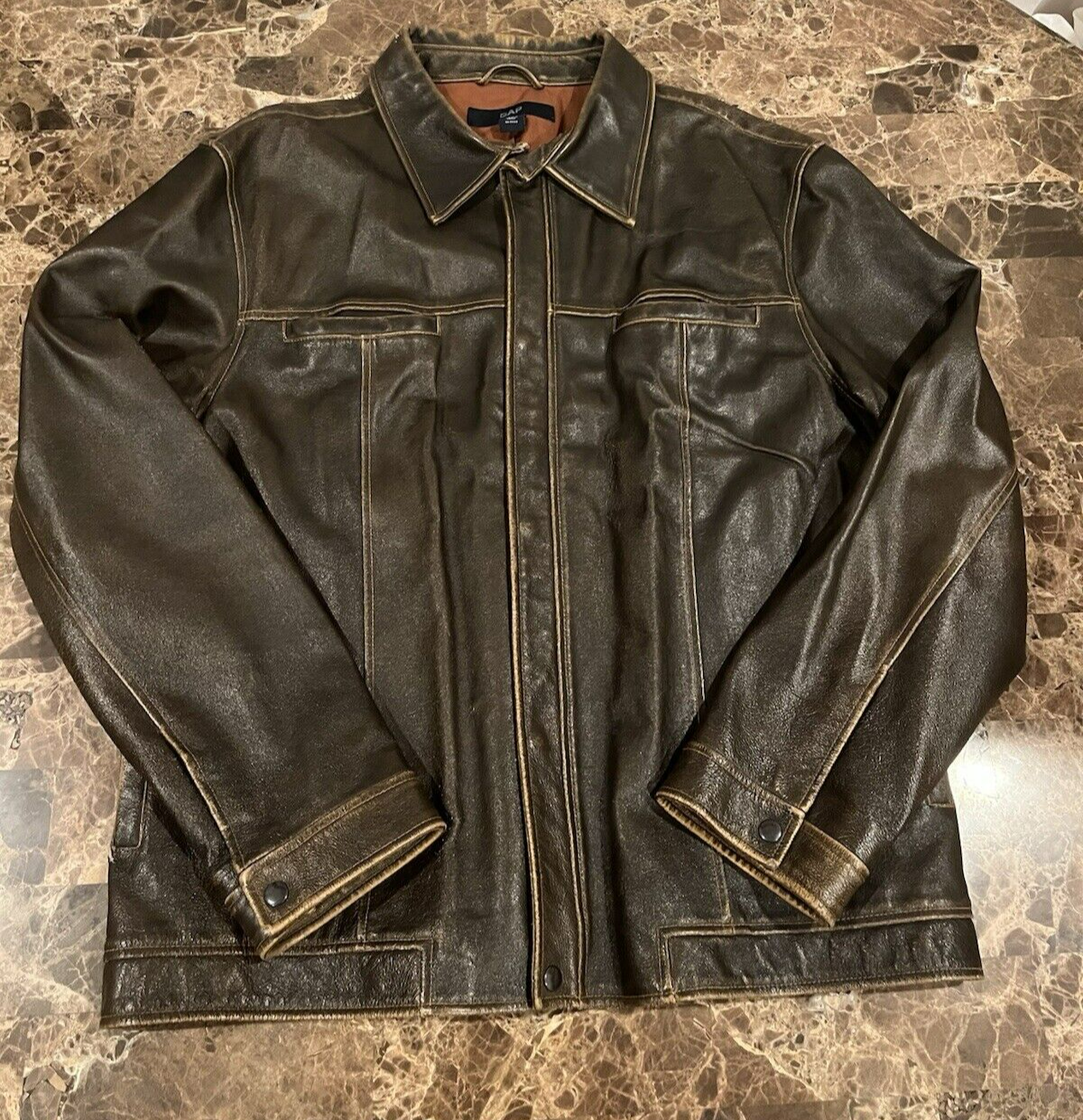 Vintage GAP Leather Jacket Mens (XL) Brown Distressed Y2K