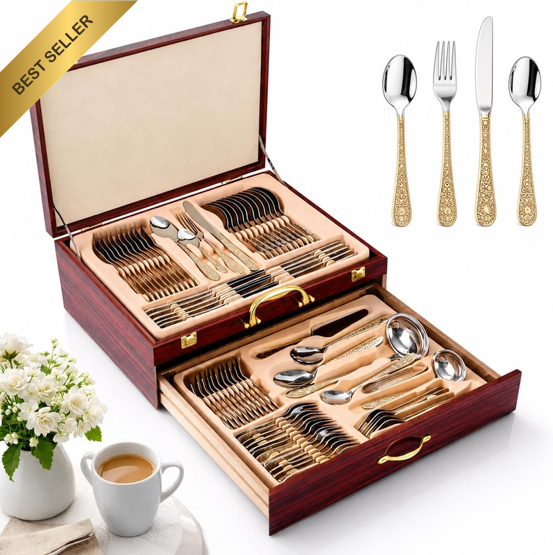 72 Piece Gold Stainless Steel Flatware Cutlery Set for 12 People, Classic Luxury