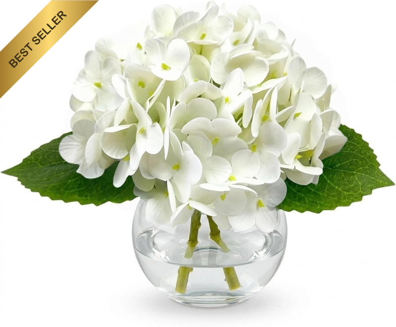 White Hydrangea Artificial Flowers in Glass Vase with Faux Water, Real Touch Lat