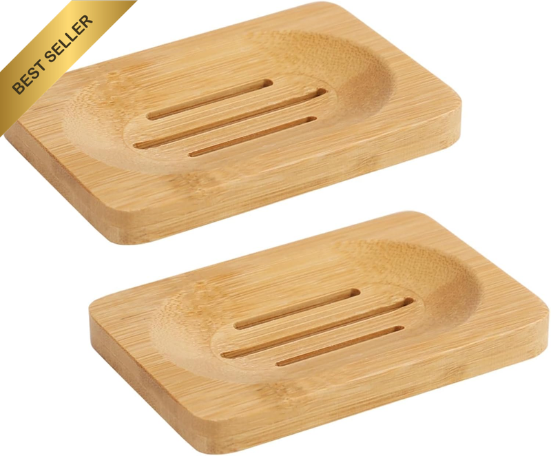 2Pcs Bamboo Soap Dish Self, Wooden Trays for Bar Soap,Non-Slip Wooden Soaps Tray