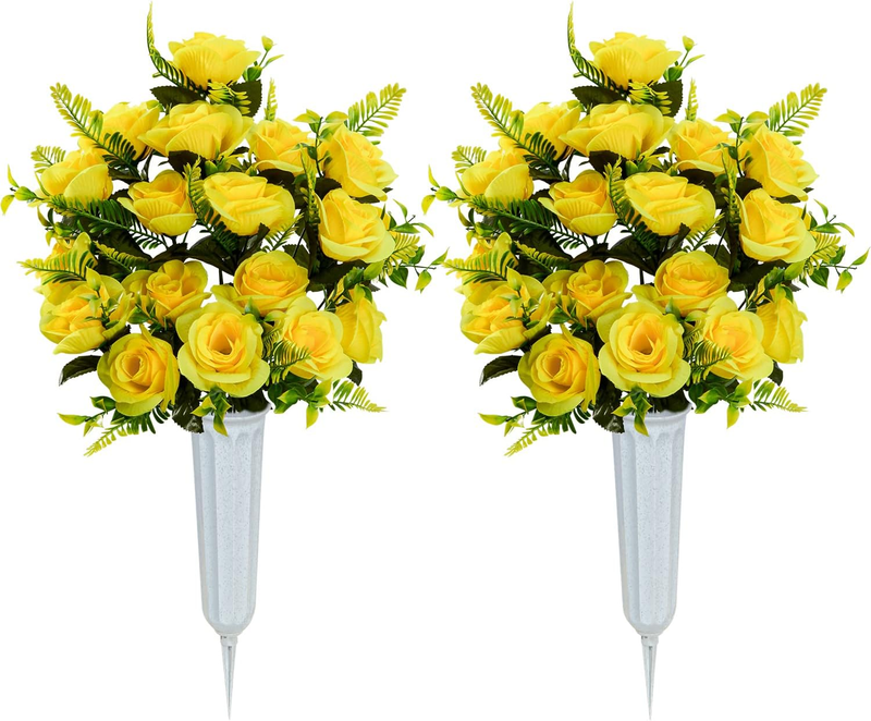 Artificial Cemetery Flowers with Vase, Set of 2 Artificial Rose Bouquet Graveyar