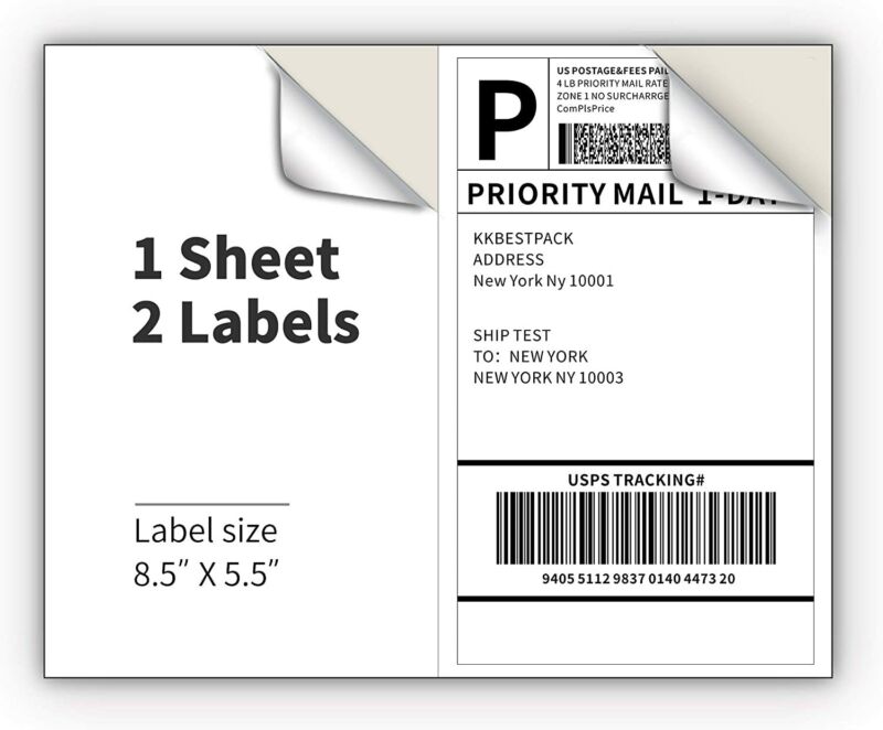 8.5" x 5.5" Shipping Labels 2 Per Sheet  For Laser and Inkjet Self Adhesive