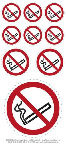 9x Aufkleber Set Rauchen verboten, Nichtraucher, Rauchverbot von ø 3 - 8,5 cm