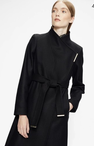 Pre-owned Ted Baker Wmo-sandra Midi Wool Wrap Coat In Black 2 Us