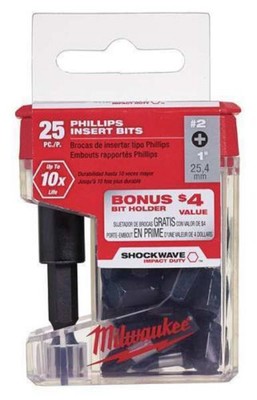 Milwaukee 48-32-5009 #2 Phillips Shockwave 1 in. Insert Bits W/ Bit Holder 25 pk