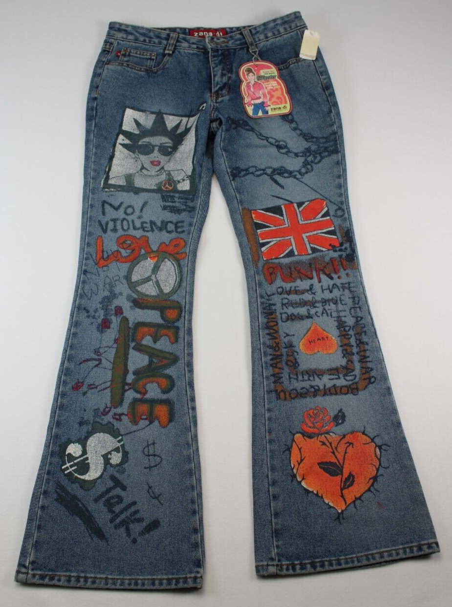 NEW Vintage y2k ZANA DI Britain Punk Peace Painted Flare