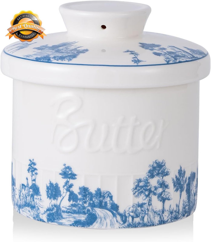 French Butter Crock Blue White Porcelain Keeper Dish Boho Kitchen 6.7oz