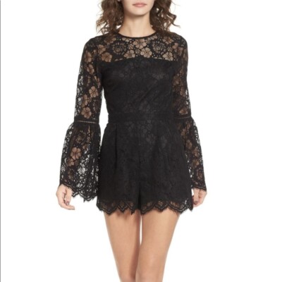 NWT Lost + Wander Nordstrom Romper Dress Black Lace Sz S New Long Bell Sleeves