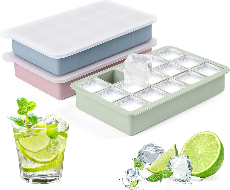 Ice Cube Tray with Lid: 3 Pack Silicone Large Square BPA Free 14-Cube Ice Trays
