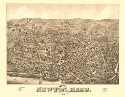 Historic Panoramic View  Newton Massachusetts  Bailey 1878  29.63 x 23