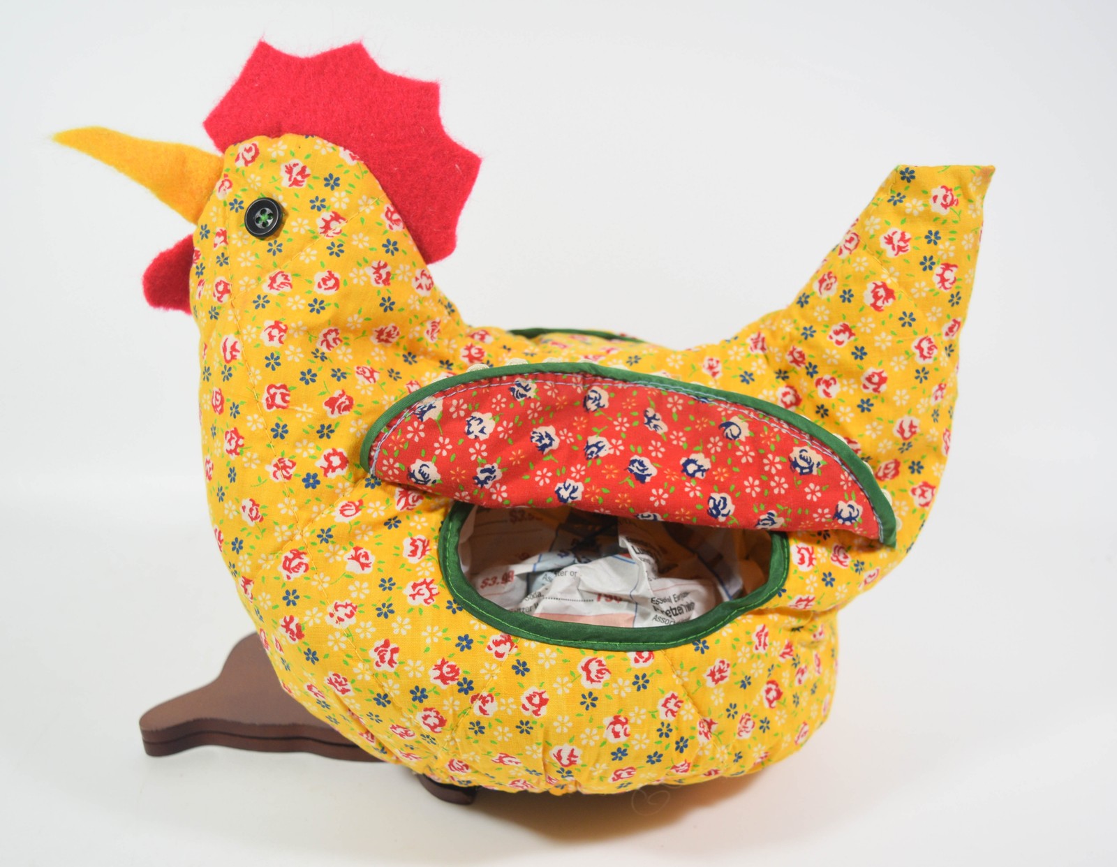 Vintage Quilted Fabric HEN ON NEST Yellow Calico rickrack Basket Biscuit warmer