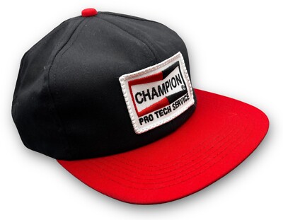 Vintage CHAMPION PRO TECH SERVICE Black & Red Patch Snapback Hat - USA - NWOT
