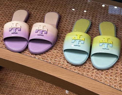 Pre-owned Tory Burch Everly Slide Flat Soft Patent Leather Celeste Ombré W Logo Sz 7 In Green/yellow