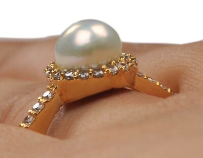 Pre-owned Vt Gmes 14kt Yellow Gold With 3.35ct Natural Freshwater Pearl Igi Certified Diamond Ring
