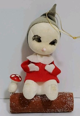 Commodore Flocked Snow Baby Red Felt Mushroom Pixie Christmas Ornaments Japan