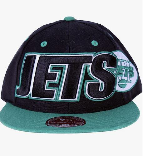 Двухцветная приталенная кепка Mitchell & Ness NFL New York Jets с большой надписью, черная
