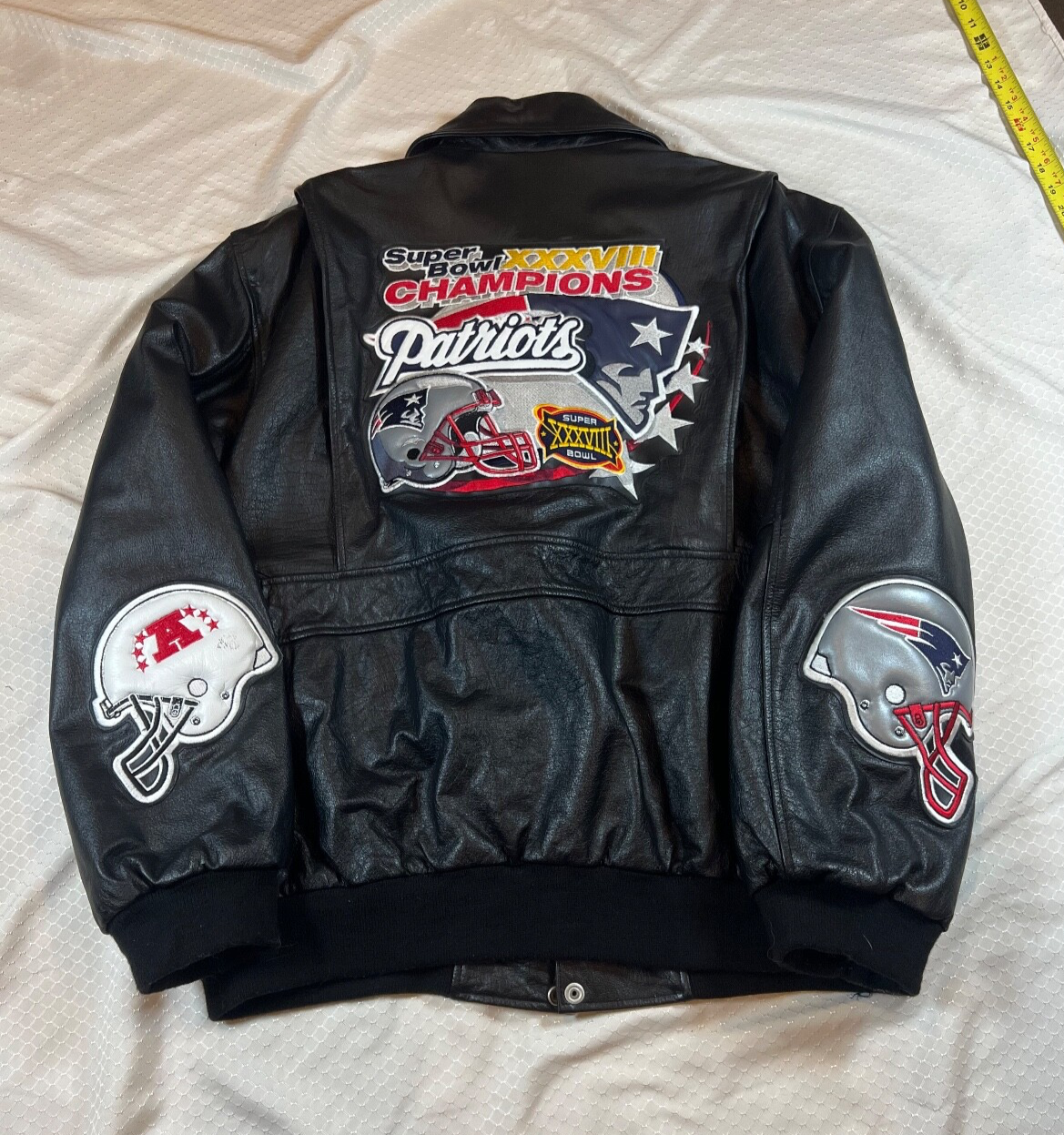 ジェフハミルトンNFL　Patriots　レザースタジャン　ロゴ刺繡　サイズL ジェフハミルトンNFL Patriots レザースタジャン ロゴ刺繡 サイズL